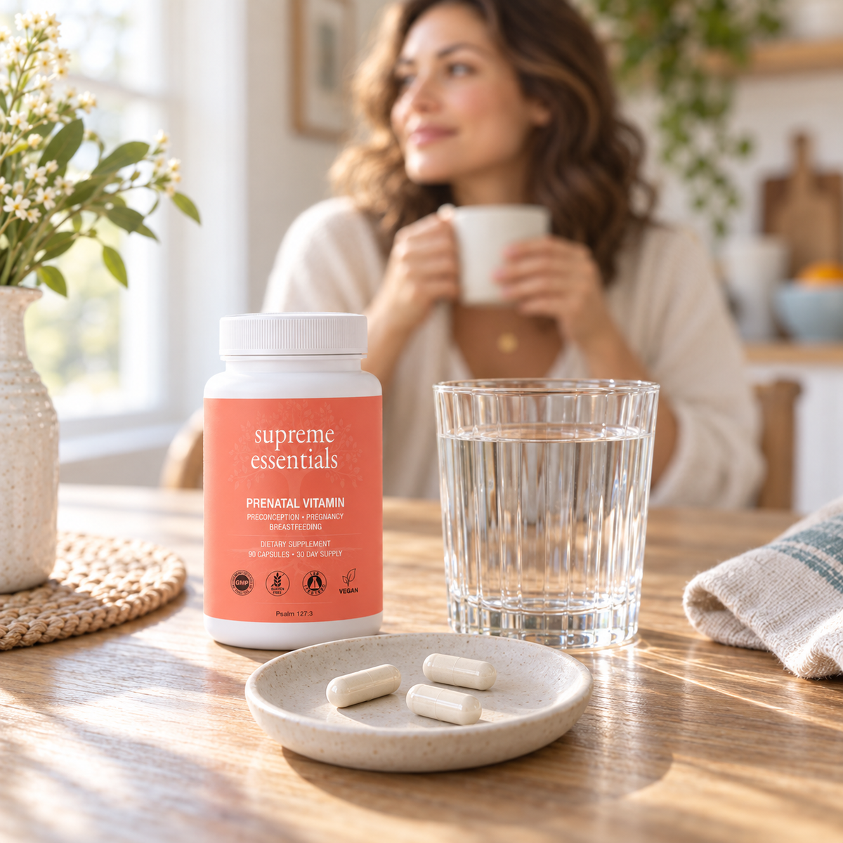 Prenatal capsules beside a daily routine